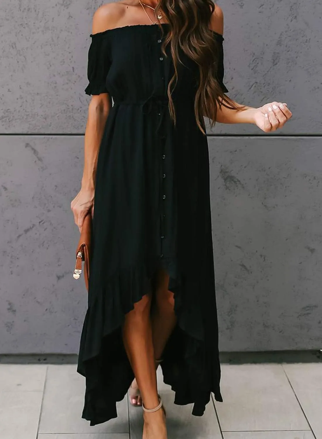 Happy Sailed Womens Off The Shoulder Maxi Dress Casual Short Sleeve Ruffle High Low Cocktail Party Wedding Guest Dresses
