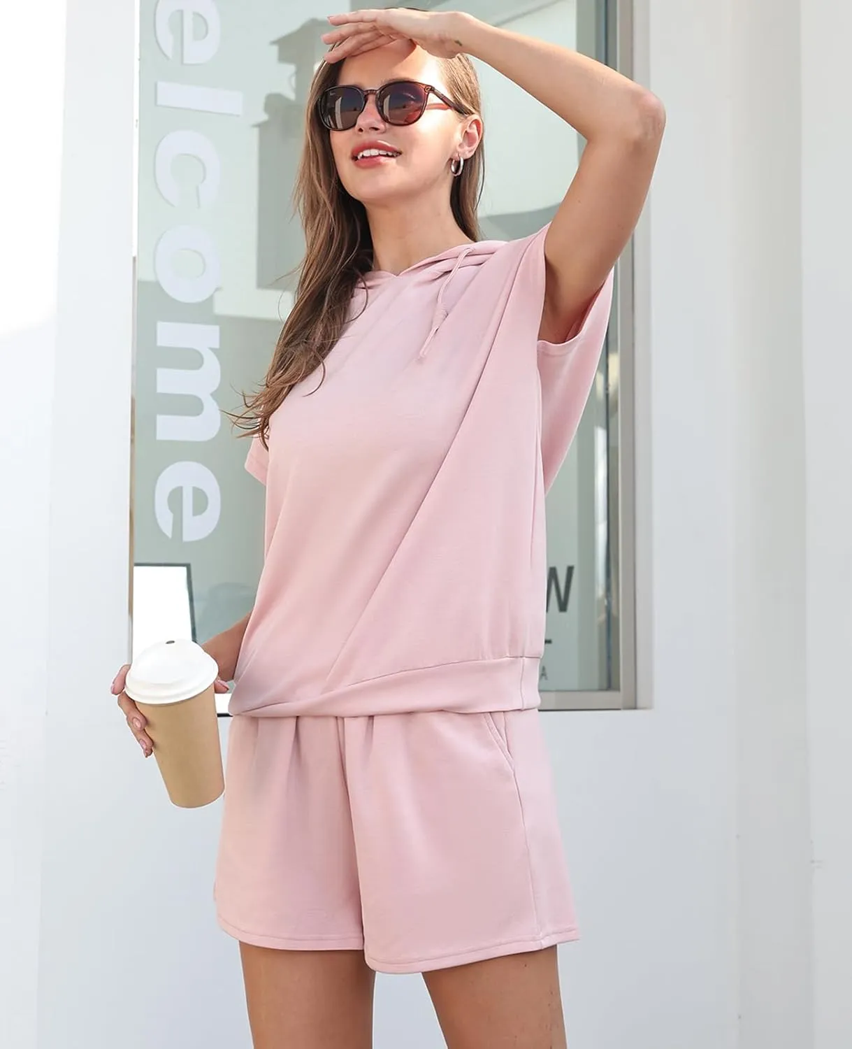 HOTIAN Women's Sweatshirt and Shorts Set Cap Sleeve Hoodie Tops and Lounge Short Tracksuit Sets