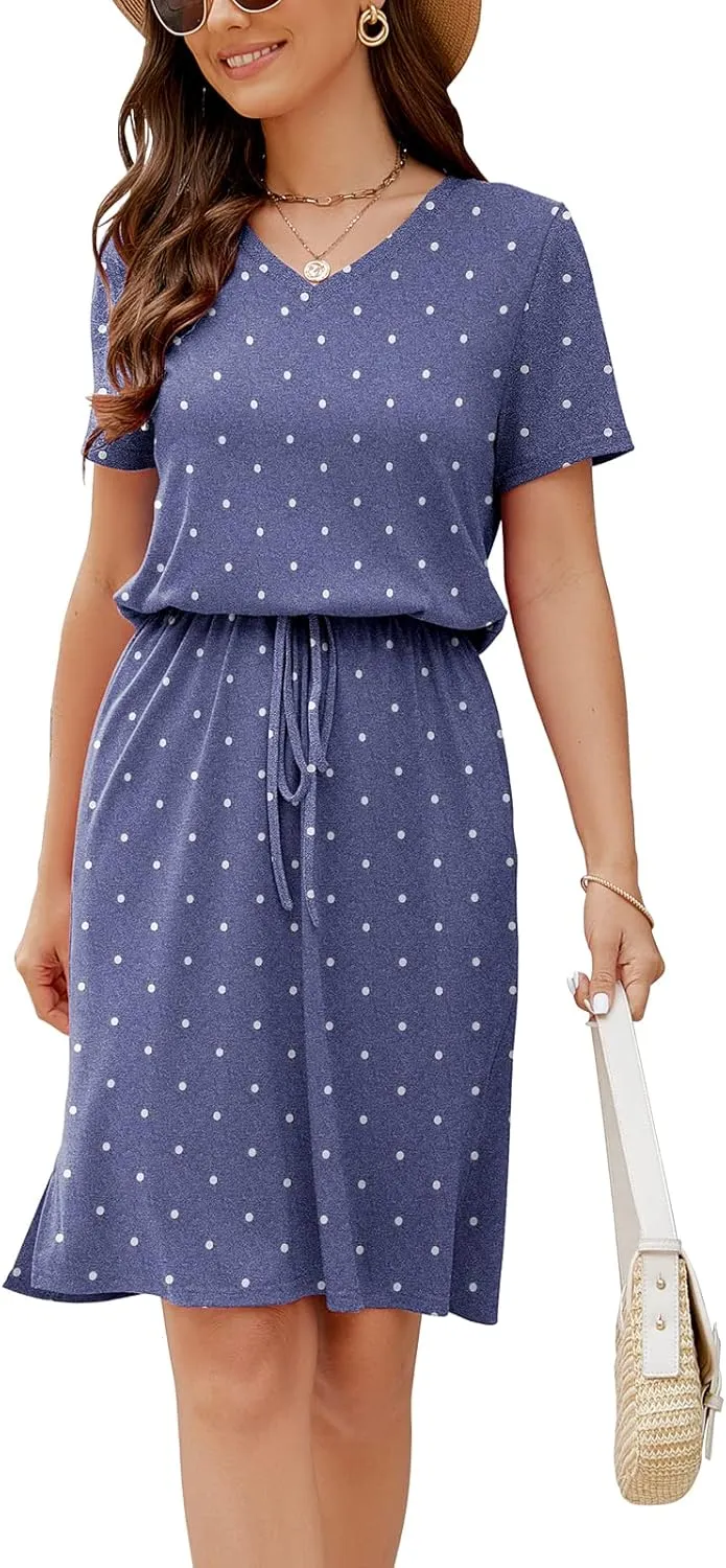HUSKARY Women Summer Casual Midi Dresses Short Sleeve V Neck Drawstring Knee Length T Shirt Dress with Split and Pocket