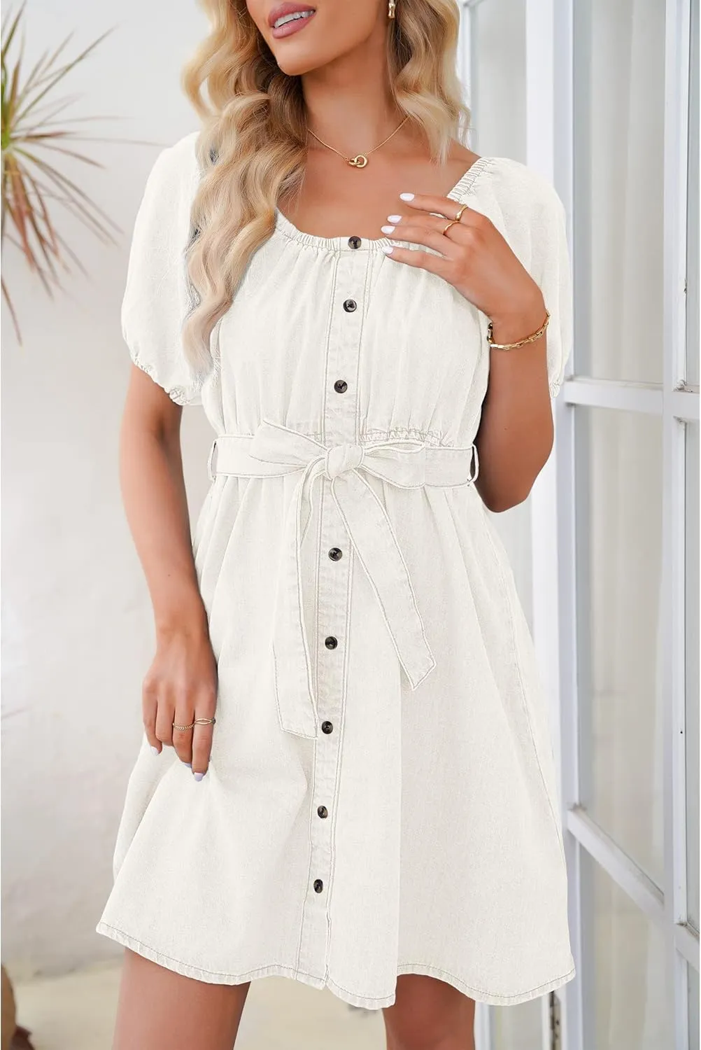 luvamia Denim Dress for Women Off The Shoulder Dresses Puff Sleeve Elastic Waist A Line Short Western Jean Dress Belted