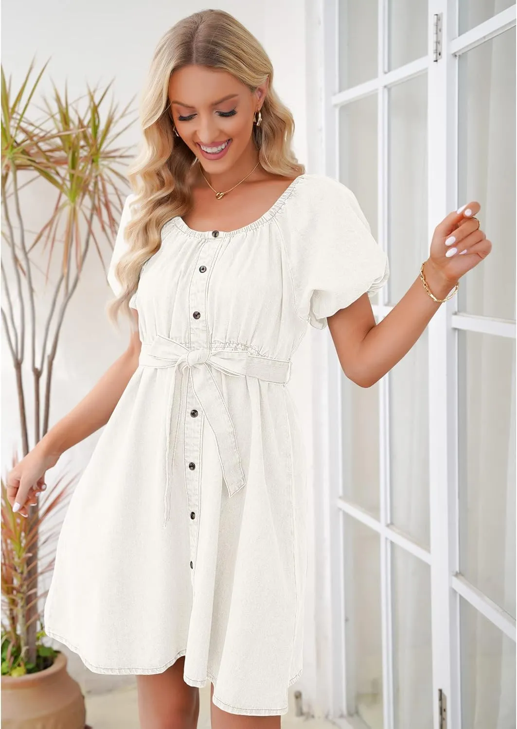 luvamia Denim Dress for Women Off The Shoulder Dresses Puff Sleeve Elastic Waist A Line Short Western Jean Dress Belted