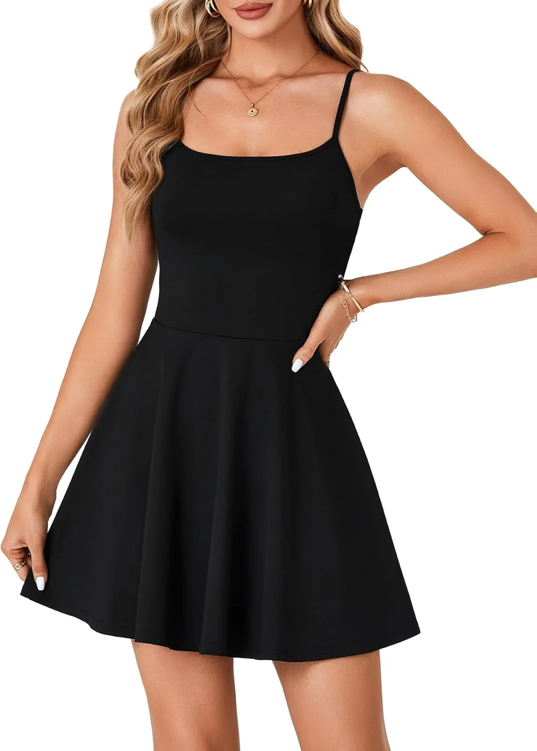 LYANER Women's Adjustable Spaghetti Straps Mini Dress Backless A Line Flowy Fit and Flare Cami Slip Short Dresses