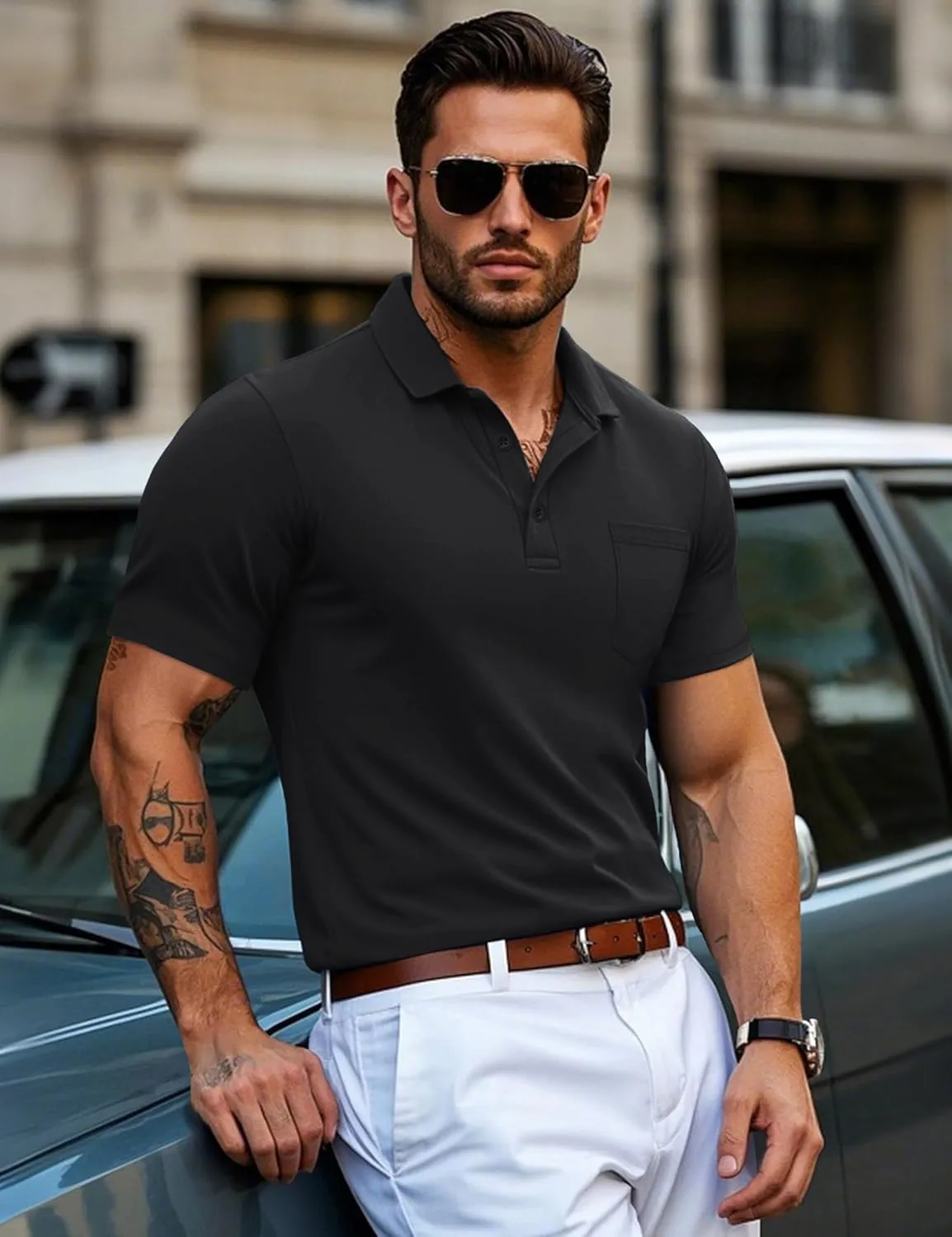 MAGCOMSEN Mens Polo Shirts Short Sleeve Cotton Pique Golf Shirts with Pocket Casual Performance Moisture Wicking Polos