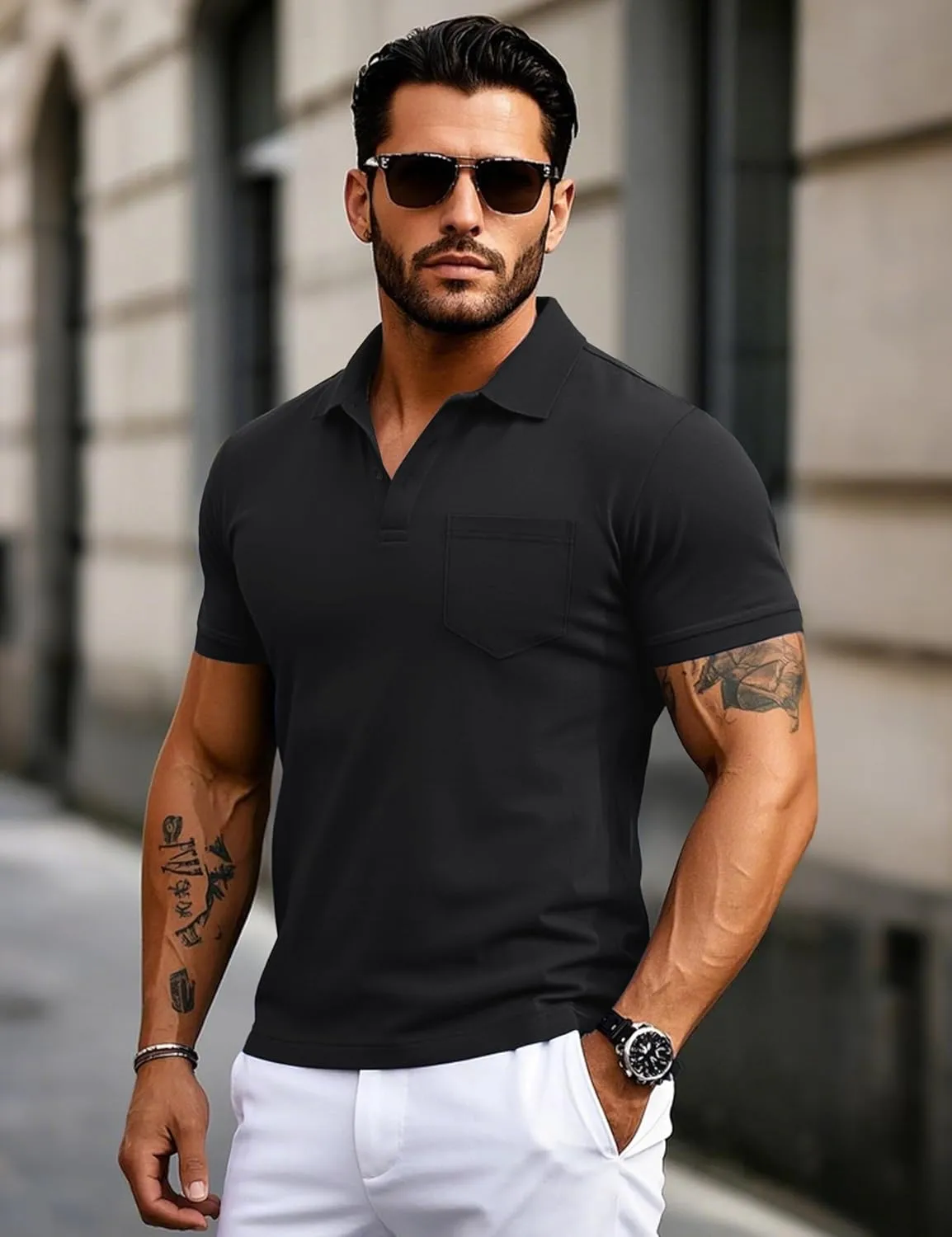 MAGCOMSEN Mens Polo Shirts Short Sleeve Cotton Pique Golf Shirts with Pocket Casual Performance Moisture Wicking Polos