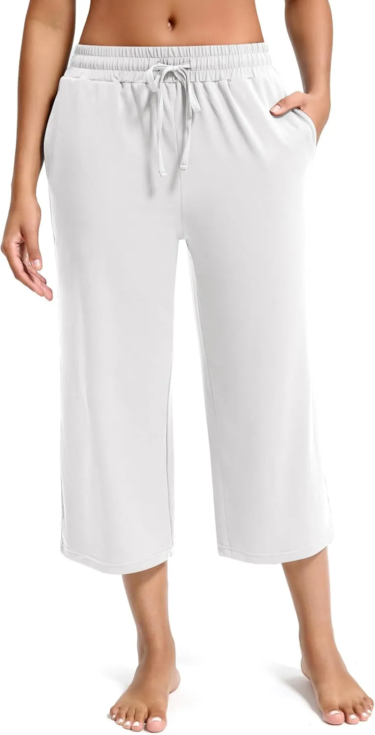 Maxbee Wide Leg Capri Pants for Women Loose Yoga Pants Drawstring Comfy Lounge Sweatpants with Pockets