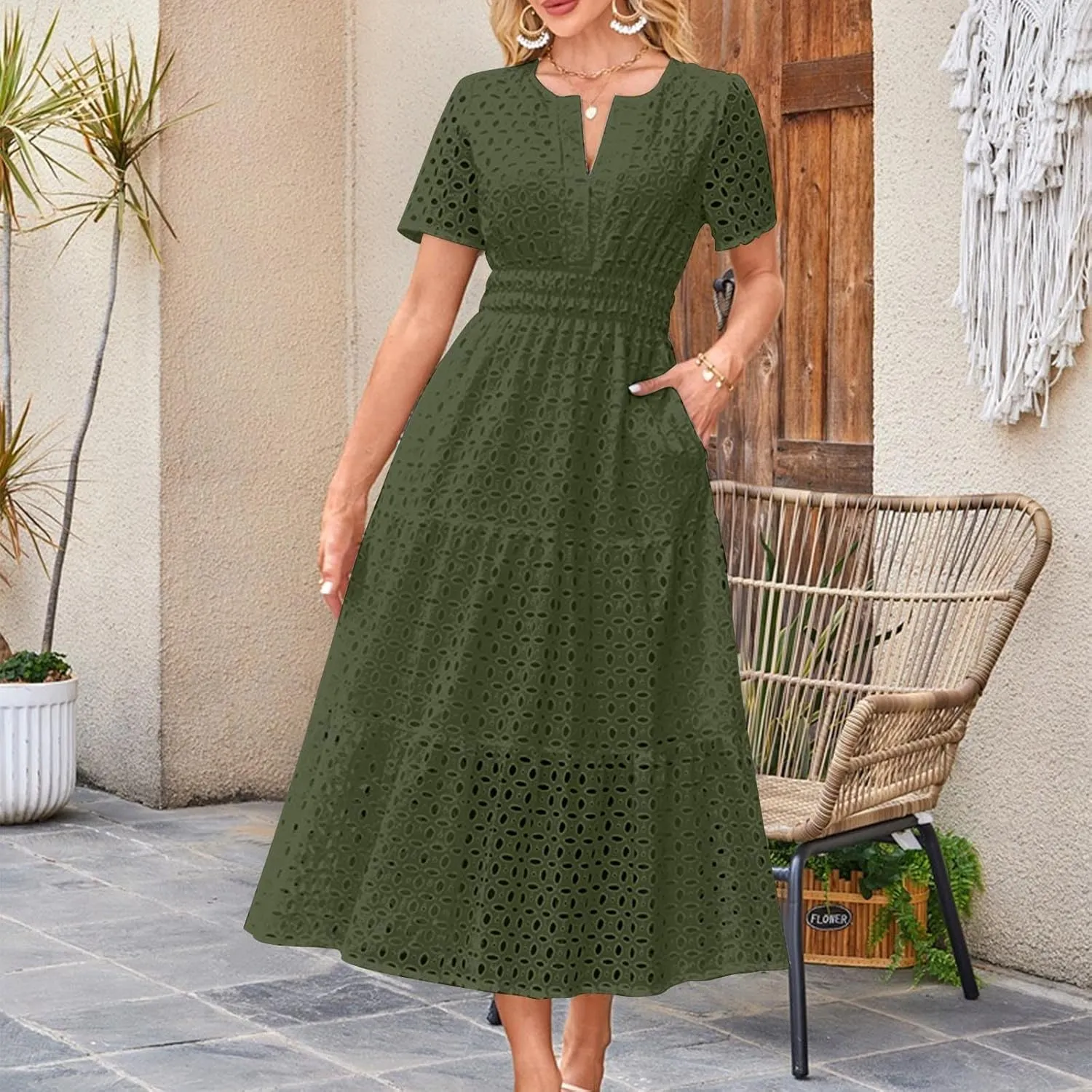 Maxi Dresses for Women 2025 Summer Short Sleeve Casual V Neck Hollow Out Eyelet Ruffle Swing A Line Long Dress