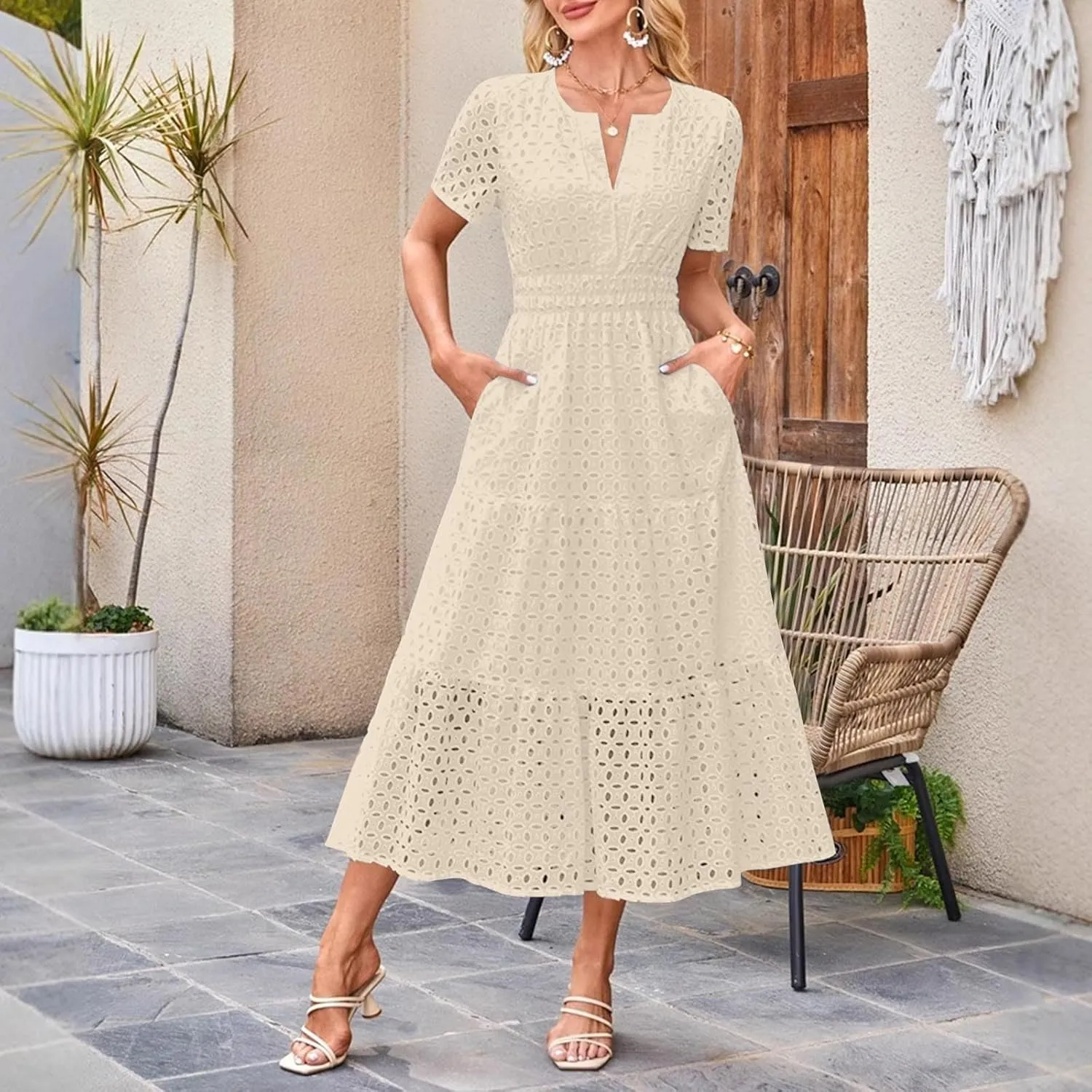 Maxi Dresses for Women 2025 Summer Short Sleeve Casual V Neck Hollow Out Eyelet Ruffle Swing A Line Long Dress