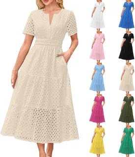 Maxi Dresses for Women 2025 Summer Short Sleeve Casual V Neck Hollow Out Eyelet Ruffle Swing A Line Long Dress
