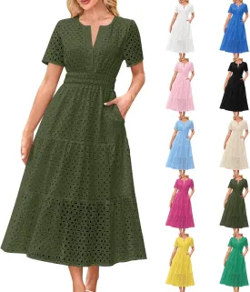 Maxi Dresses for Women 2025 Summer Short Sleeve Casual V Neck Hollow Out Eyelet Ruffle Swing A Line Long Dress