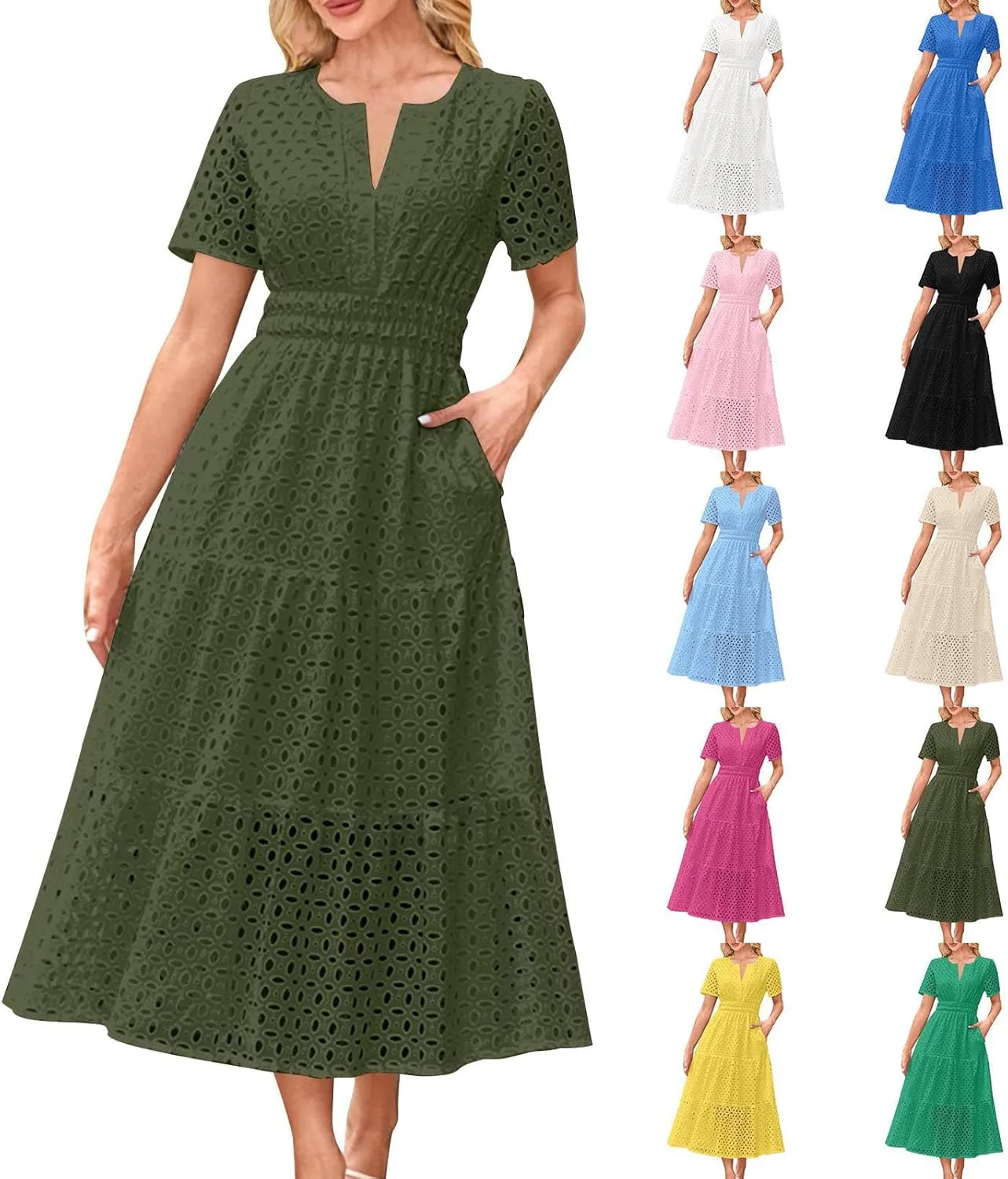 Maxi Dresses for Women 2025 Summer Short Sleeve Casual V Neck Hollow Out Eyelet Ruffle Swing A Line Long Dress
