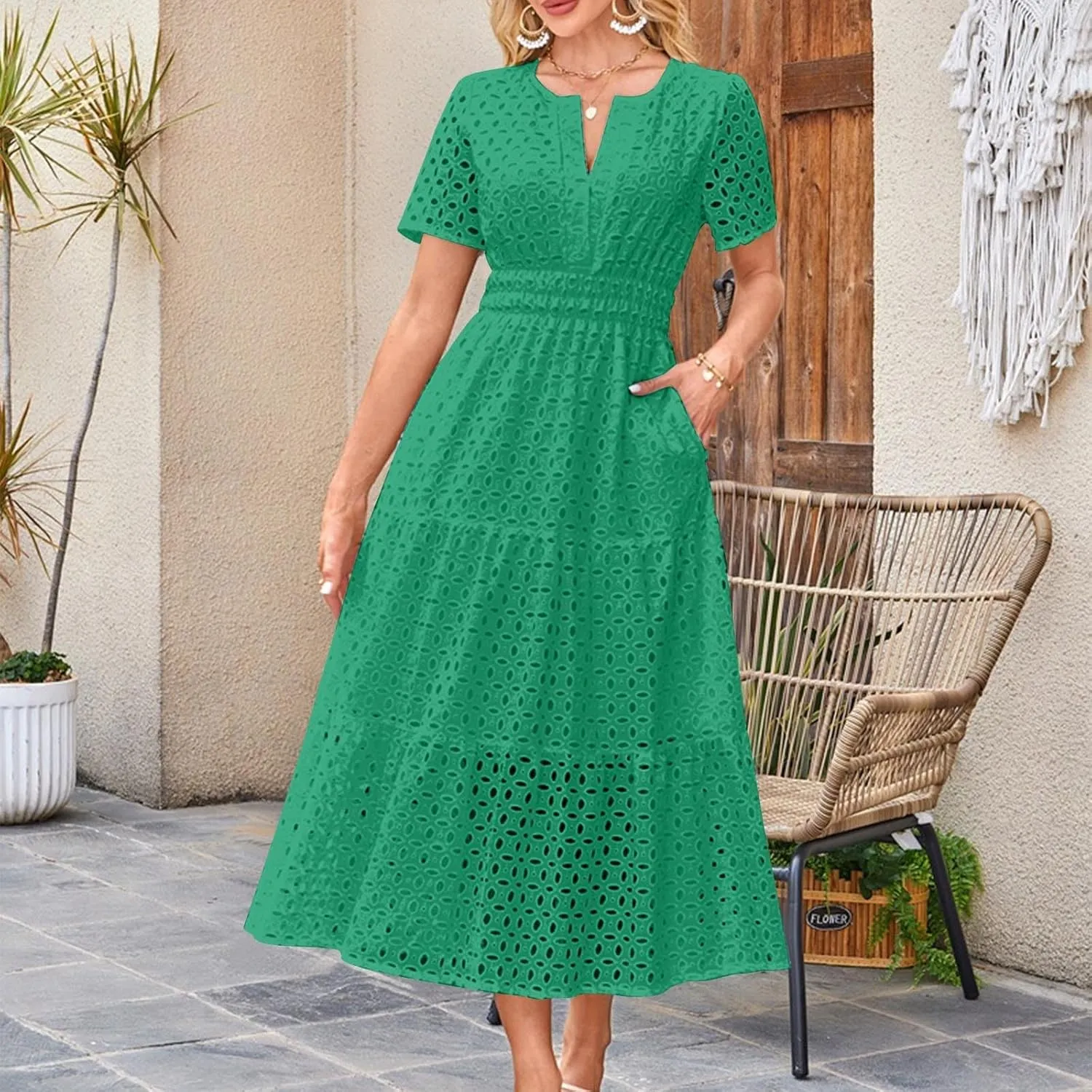 Maxi Dresses for Women 2025 Summer Short Sleeve Casual V Neck Hollow Out Eyelet Ruffle Swing A Line Long Dress