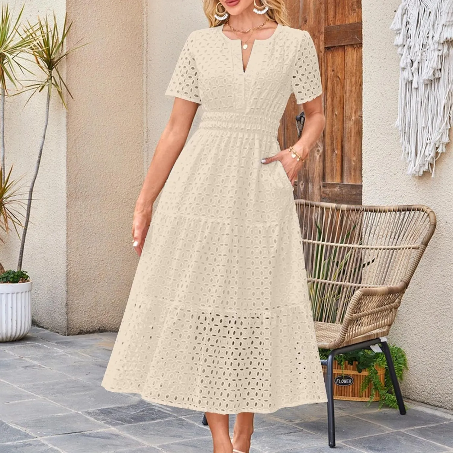 Maxi Dresses for Women 2025 Summer Short Sleeve Casual V Neck Hollow Out Eyelet Ruffle Swing A Line Long Dress