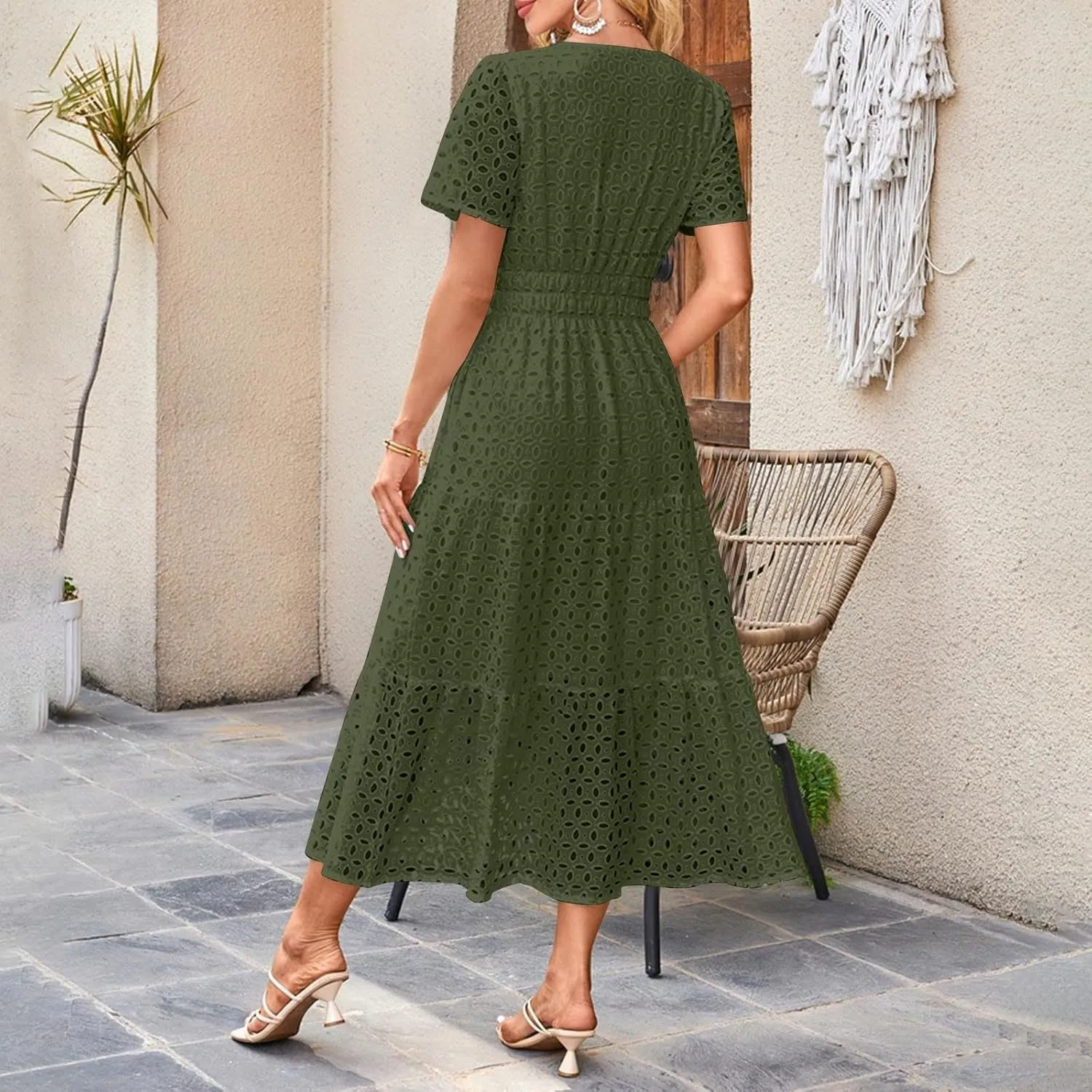 Maxi Dresses for Women 2025 Summer Short Sleeve Casual V Neck Hollow Out Eyelet Ruffle Swing A Line Long Dress