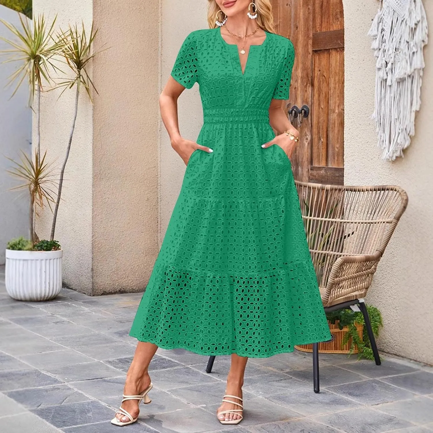 Maxi Dresses for Women 2025 Summer Short Sleeve Casual V Neck Hollow Out Eyelet Ruffle Swing A Line Long Dress