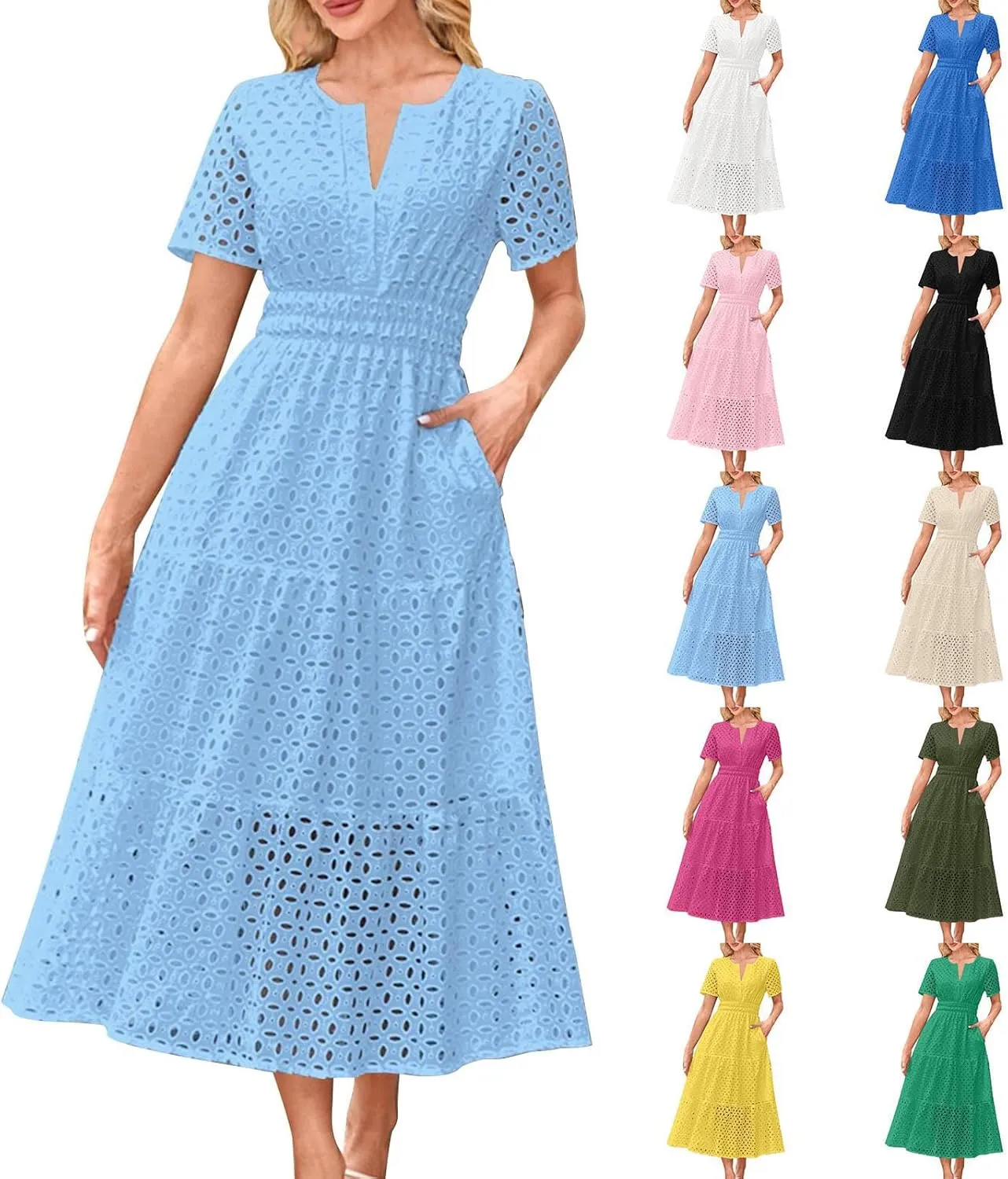 Maxi Dresses for Women 2025 Summer Short Sleeve Casual V Neck Hollow Out Eyelet Ruffle Swing A Line Long Dress