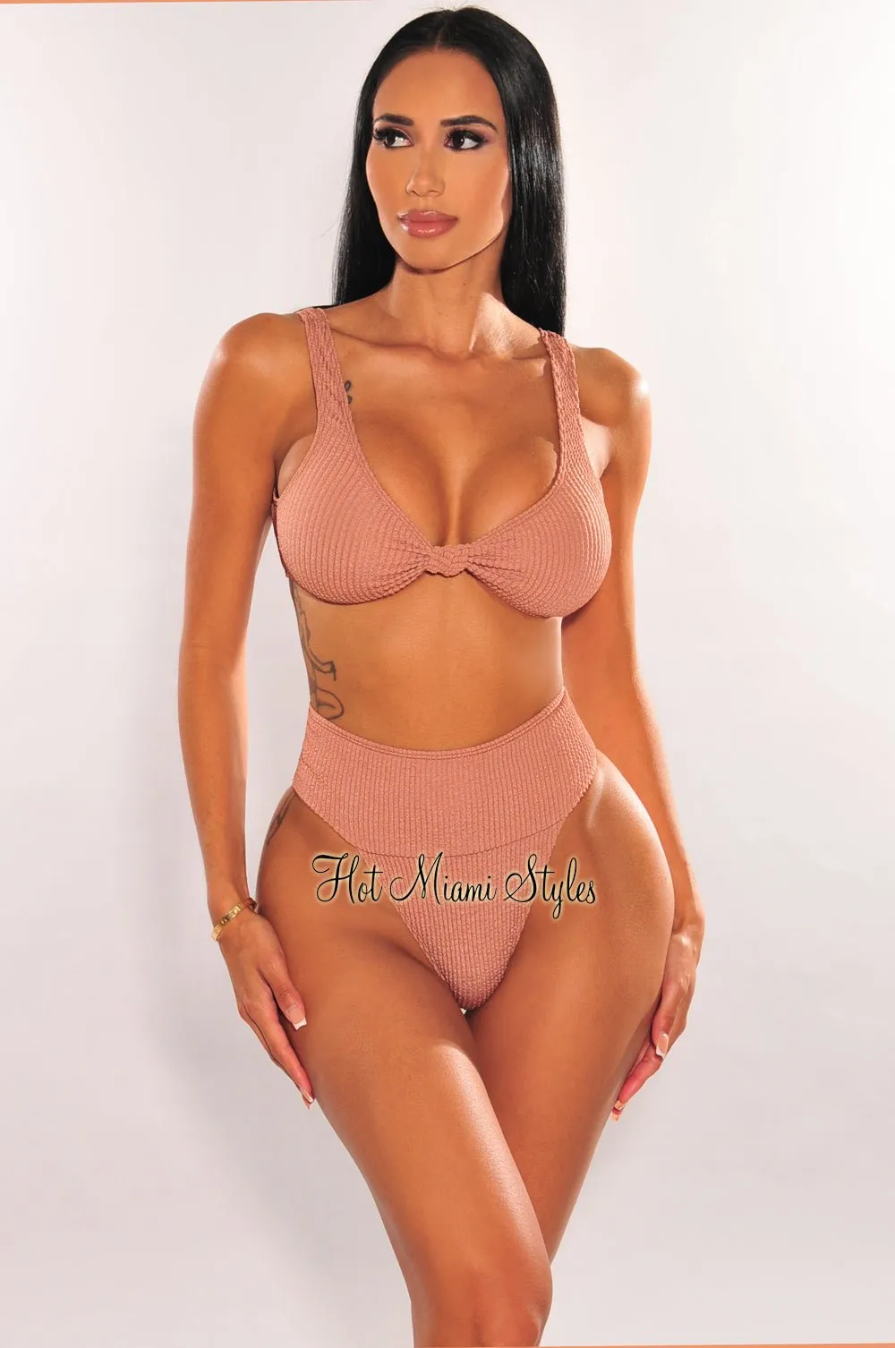 Mocha Textured Knotted High Rise Bikini Top