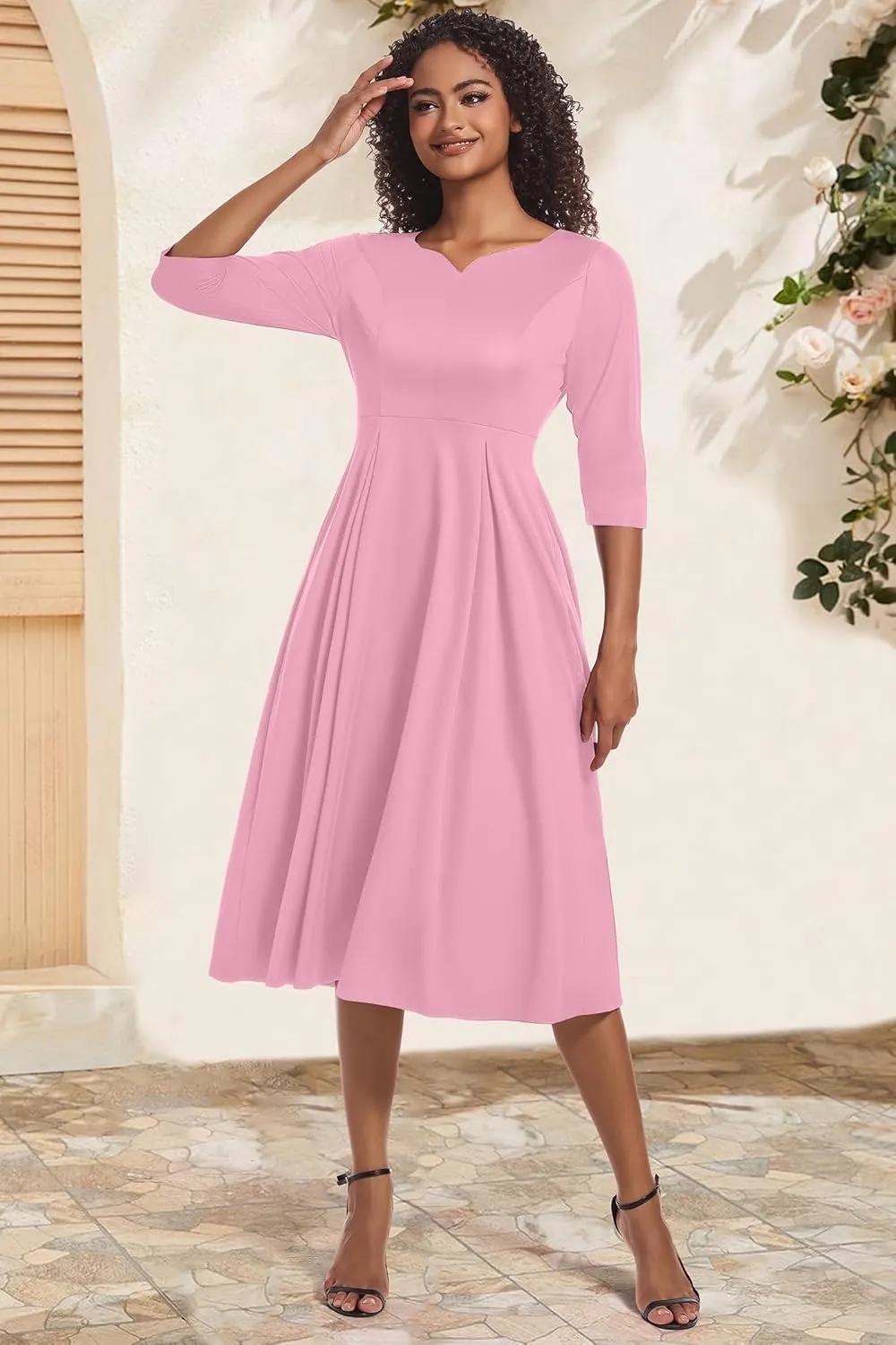 Nmoder Midi Dresses for Women Casual Fit and Flare A-Line Swing Dress 3/4 Sleeve Church Cocktail Dress with Pockets