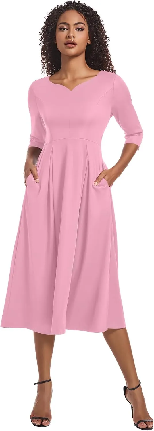 Nmoder Midi Dresses for Women Casual Fit and Flare A-Line Swing Dress 3/4 Sleeve Church Cocktail Dress with Pockets