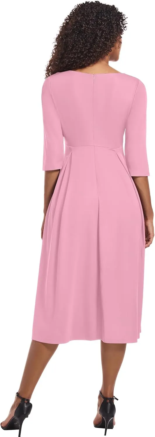 Nmoder Midi Dresses for Women Casual Fit and Flare A-Line Swing Dress 3/4 Sleeve Church Cocktail Dress with Pockets