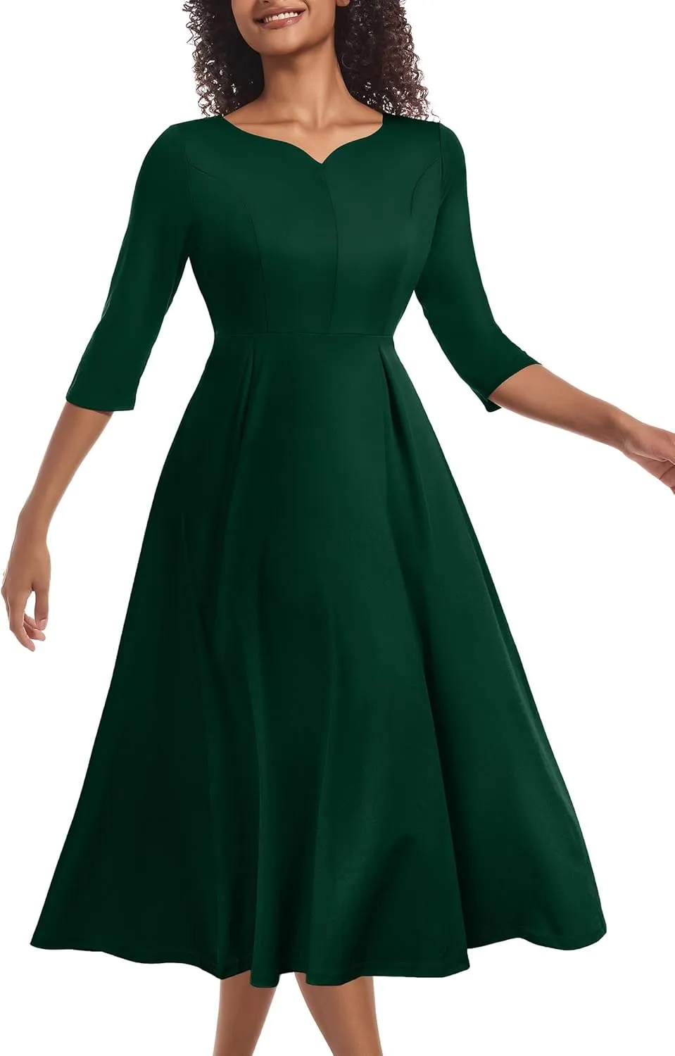 Nmoder Midi Dresses for Women Casual Fit and Flare A-Line Swing Dress 3/4 Sleeve Church Cocktail Dress with Pockets