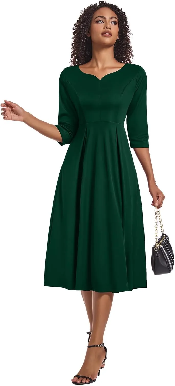 Nmoder Midi Dresses for Women Casual Fit and Flare A-Line Swing Dress 3/4 Sleeve Church Cocktail Dress with Pockets