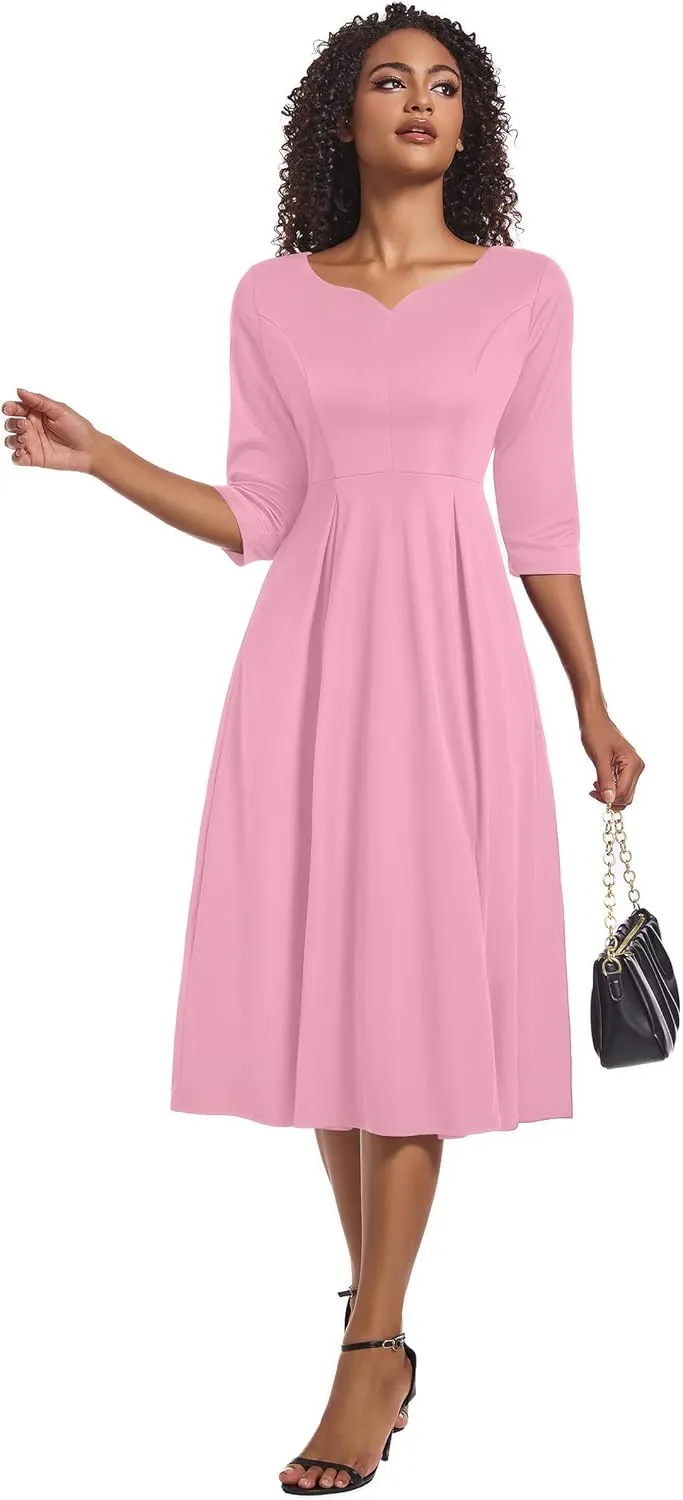 Nmoder Midi Dresses for Women Casual Fit and Flare A-Line Swing Dress 3/4 Sleeve Church Cocktail Dress with Pockets