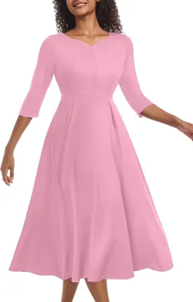Nmoder Midi Dresses for Women Casual Fit and Flare A-Line Swing Dress 3/4 Sleeve Church Cocktail Dress with Pockets