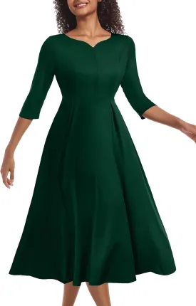 Nmoder Midi Dresses for Women Casual Fit and Flare A-Line Swing Dress 3/4 Sleeve Church Cocktail Dress with Pockets