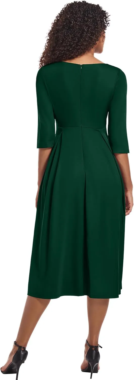 Nmoder Midi Dresses for Women Casual Fit and Flare A-Line Swing Dress 3/4 Sleeve Church Cocktail Dress with Pockets