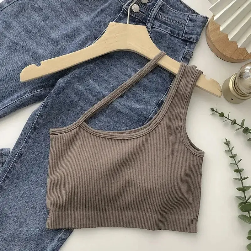 Oblique Shoulder Solid Color Sleeveless Crop Top