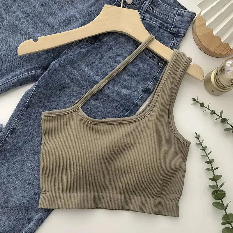 Oblique Shoulder Solid Color Sleeveless Crop Top