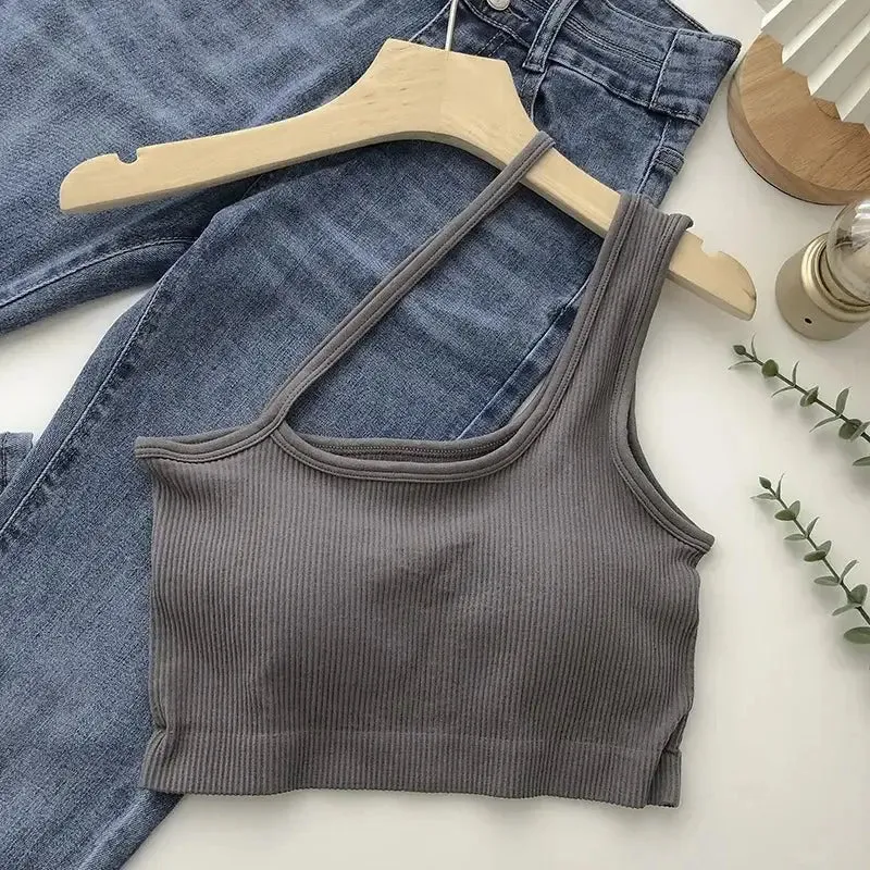 Oblique Shoulder Solid Color Sleeveless Crop Top