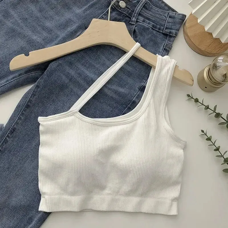 Oblique Shoulder Solid Color Sleeveless Crop Top