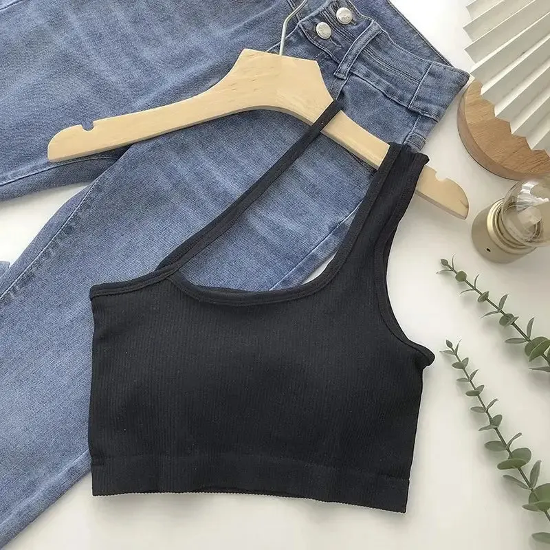 Oblique Shoulder Solid Color Sleeveless Crop Top