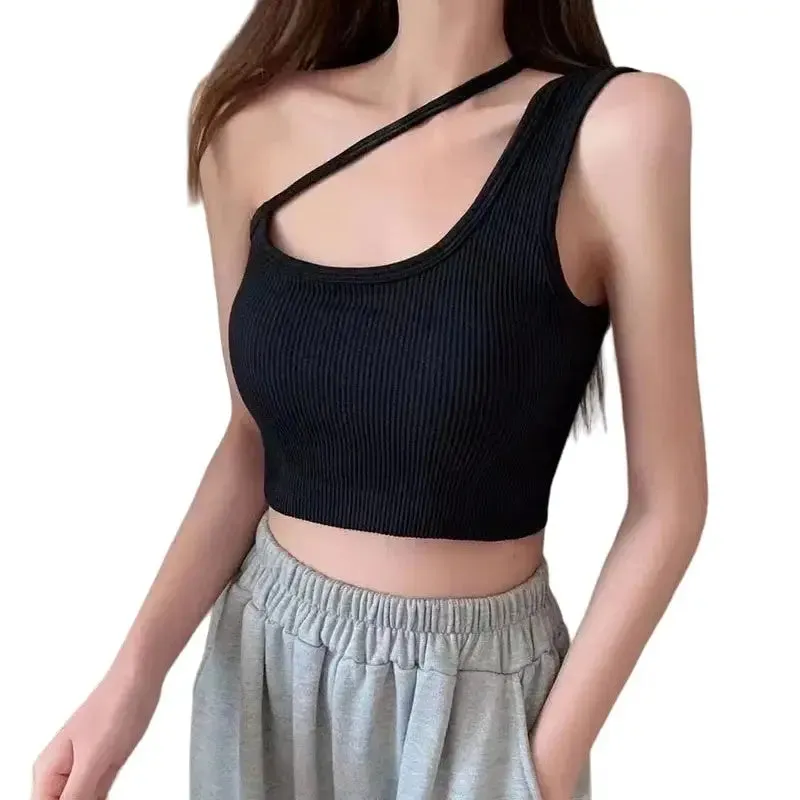Oblique Shoulder Solid Color Sleeveless Crop Top