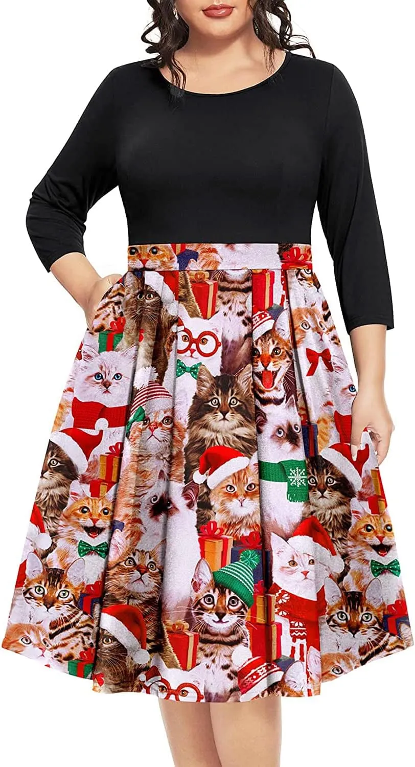 Pinup Fashion Plus Size Work Dresses - Fall Church Office Semi Formal Fit and Flare Midi Dress with Pockets
