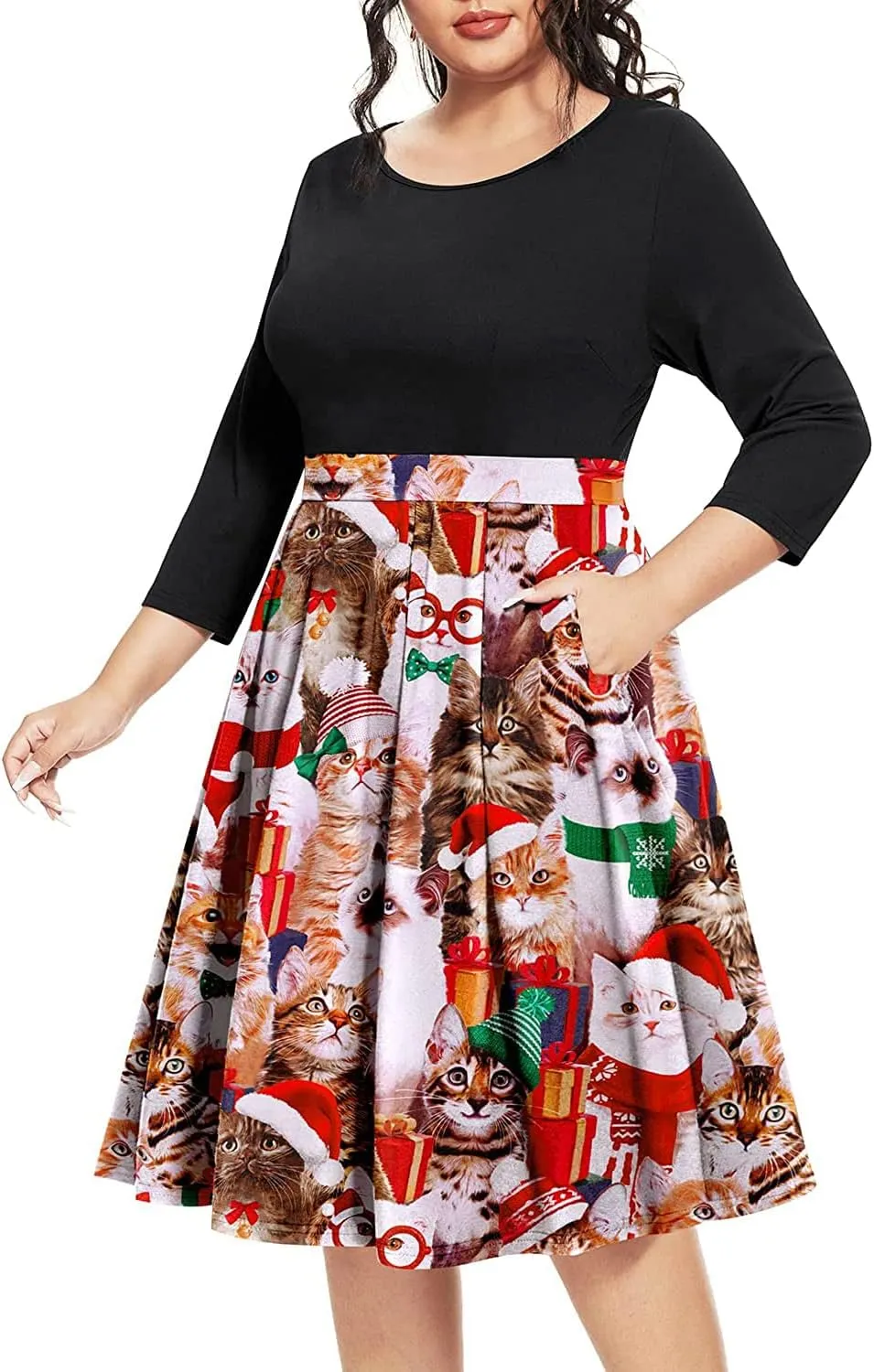 Pinup Fashion Plus Size Work Dresses - Fall Church Office Semi Formal Fit and Flare Midi Dress with Pockets