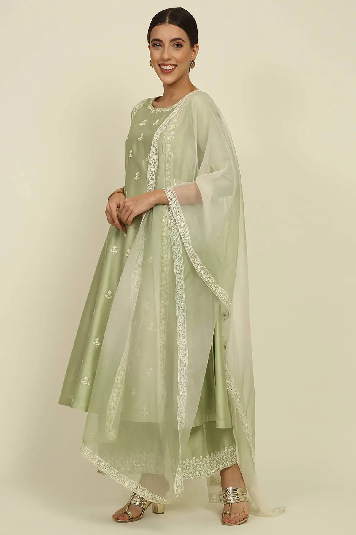 Pista Green Dori Emb Kurta Set