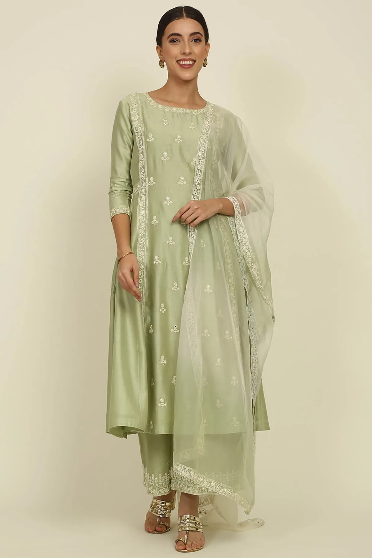 Pista Green Dori Emb Kurta Set