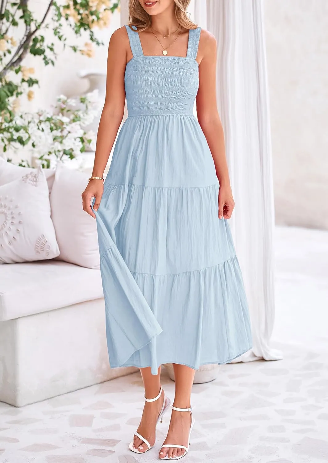 PRETTYGARDEN Midi Dress for Women 2025 Summer Smocked Ruffle A Line Long Flowy Dresses Cute Sleeveless Beach Sundress