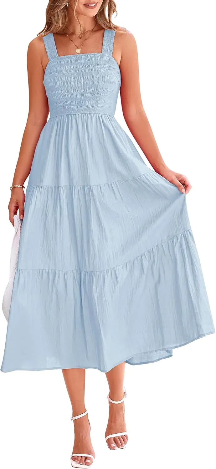 PRETTYGARDEN Midi Dress for Women 2025 Summer Smocked Ruffle A Line Long Flowy Dresses Cute Sleeveless Beach Sundress
