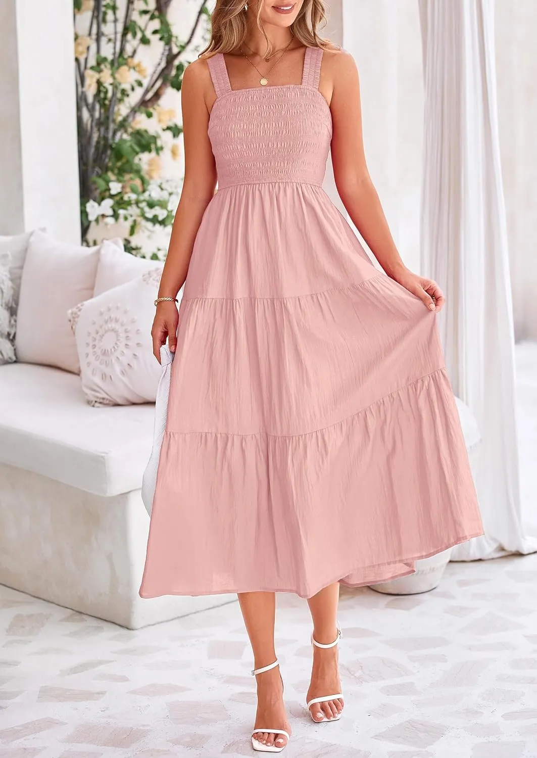 PRETTYGARDEN Midi Dress for Women 2025 Summer Smocked Ruffle A Line Long Flowy Dresses Cute Sleeveless Beach Sundress