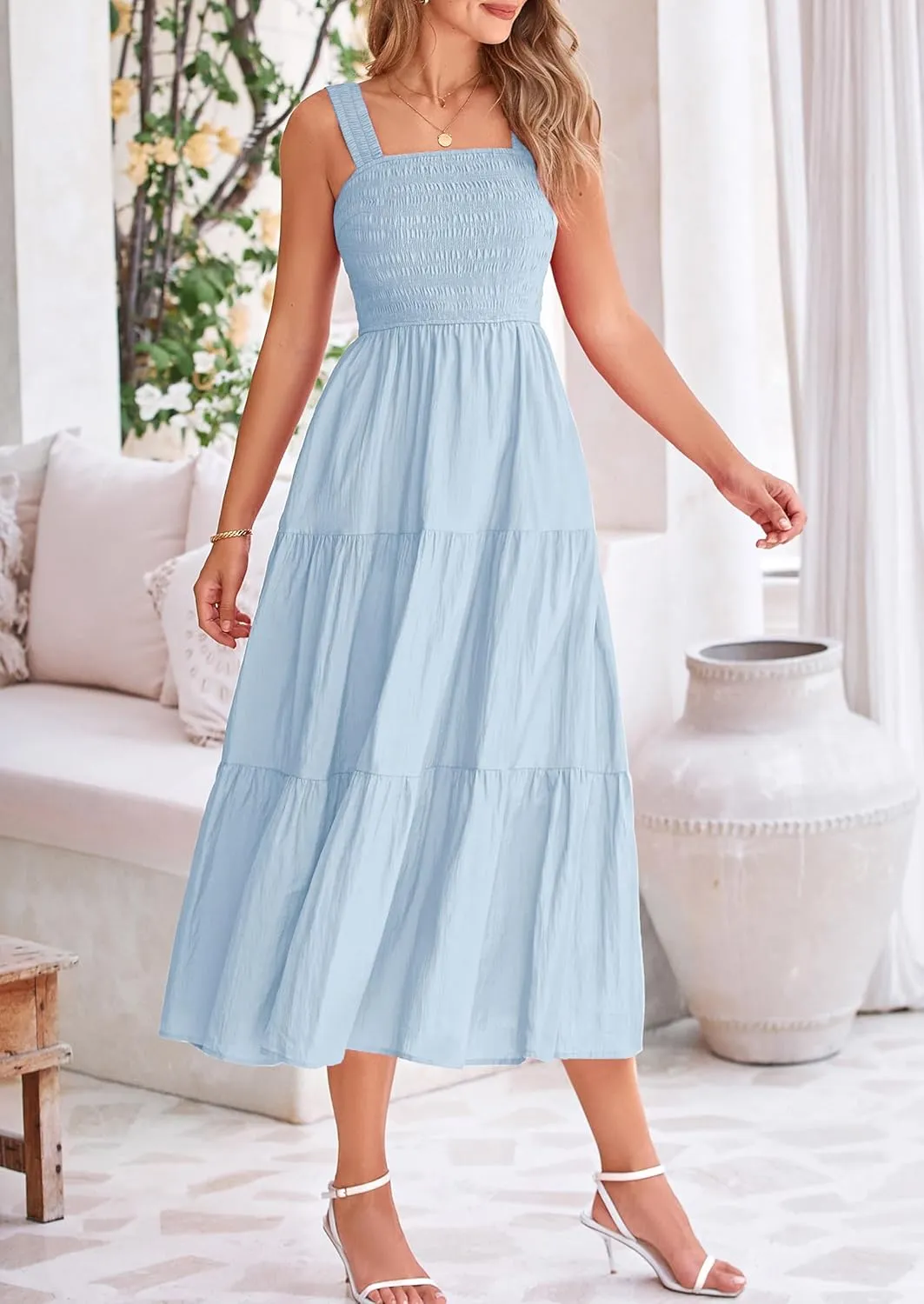 PRETTYGARDEN Midi Dress for Women 2025 Summer Smocked Ruffle A Line Long Flowy Dresses Cute Sleeveless Beach Sundress