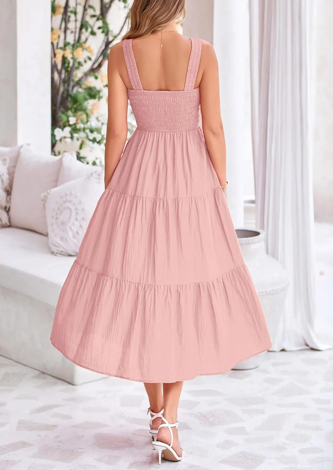 PRETTYGARDEN Midi Dress for Women 2025 Summer Smocked Ruffle A Line Long Flowy Dresses Cute Sleeveless Beach Sundress