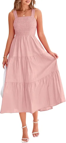 PRETTYGARDEN Midi Dress for Women 2025 Summer Smocked Ruffle A Line Long Flowy Dresses Cute Sleeveless Beach Sundress
