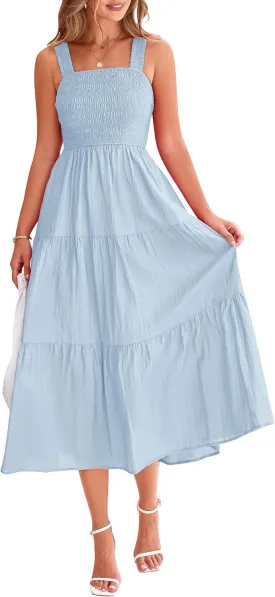 PRETTYGARDEN Midi Dress for Women 2025 Summer Smocked Ruffle A Line Long Flowy Dresses Cute Sleeveless Beach Sundress