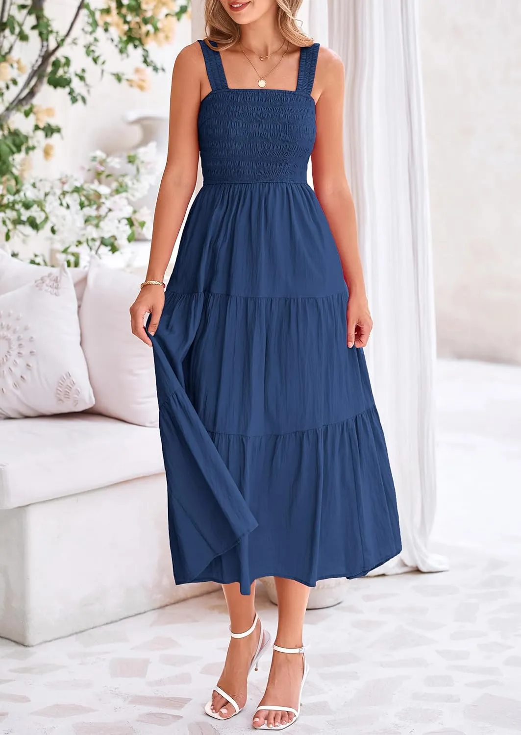 PRETTYGARDEN Midi Dress for Women 2025 Summer Smocked Ruffle A Line Long Flowy Dresses Cute Sleeveless Beach Sundress