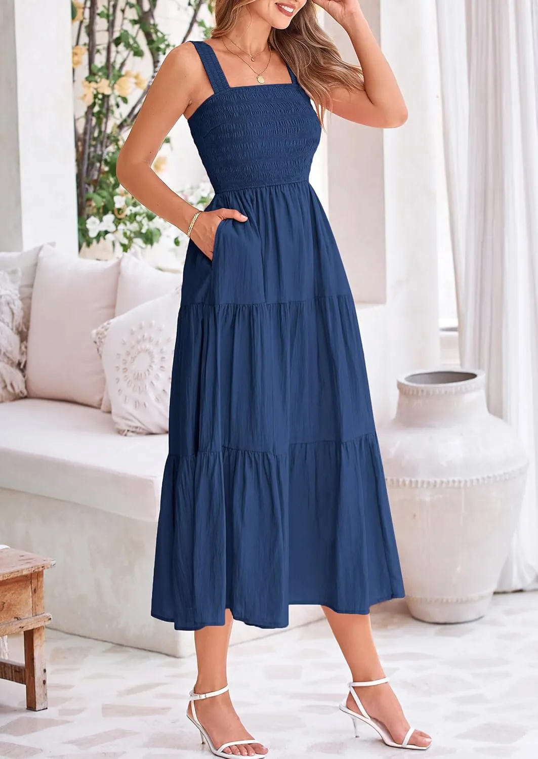 PRETTYGARDEN Midi Dress for Women 2025 Summer Smocked Ruffle A Line Long Flowy Dresses Cute Sleeveless Beach Sundress