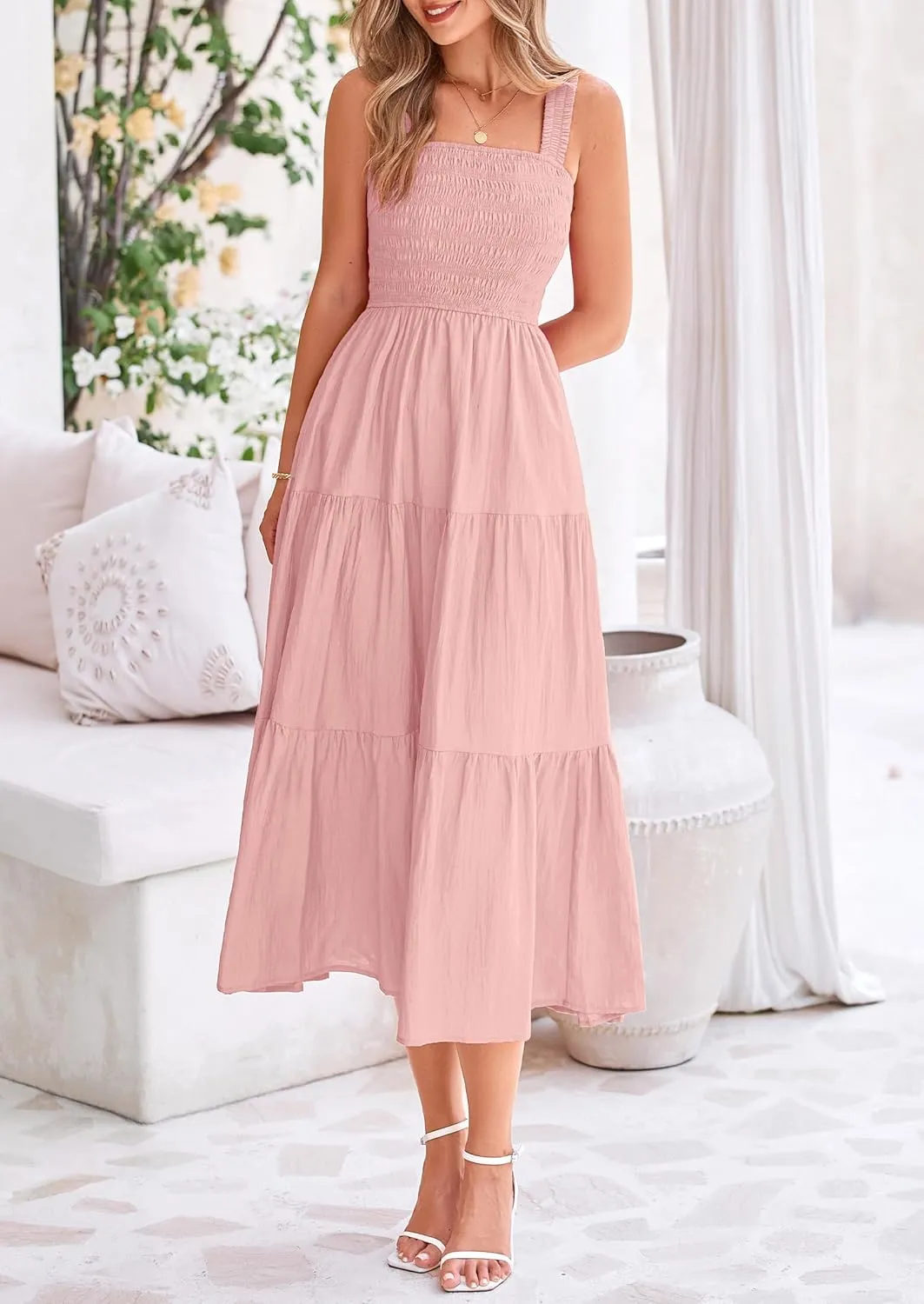 PRETTYGARDEN Midi Dress for Women 2025 Summer Smocked Ruffle A Line Long Flowy Dresses Cute Sleeveless Beach Sundress