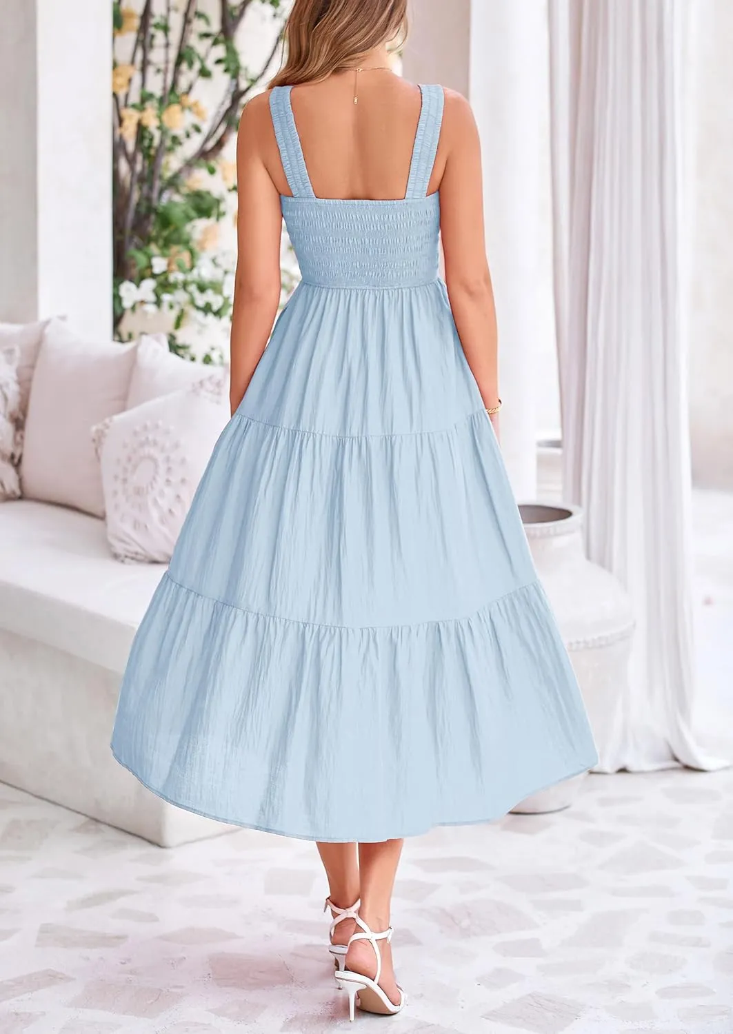PRETTYGARDEN Midi Dress for Women 2025 Summer Smocked Ruffle A Line Long Flowy Dresses Cute Sleeveless Beach Sundress